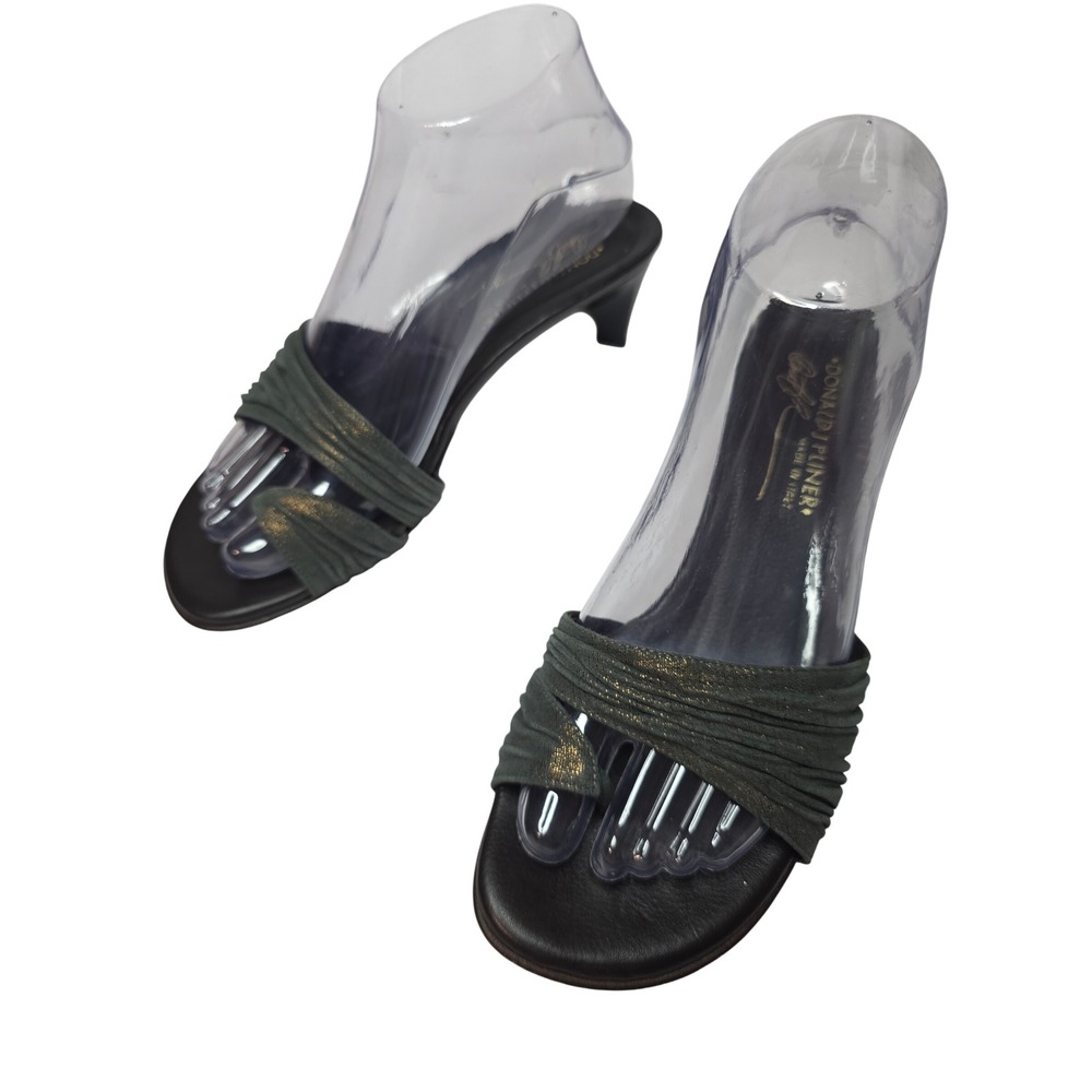 Donald J Pliner Italy Womens 6.5 M Dark Green Gold Shimmer Kitten Heel Sandals